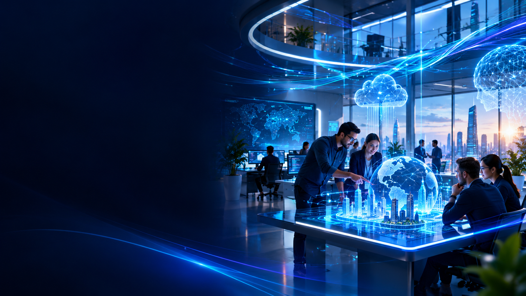 Modern collaborative technology workspace with a digital globe